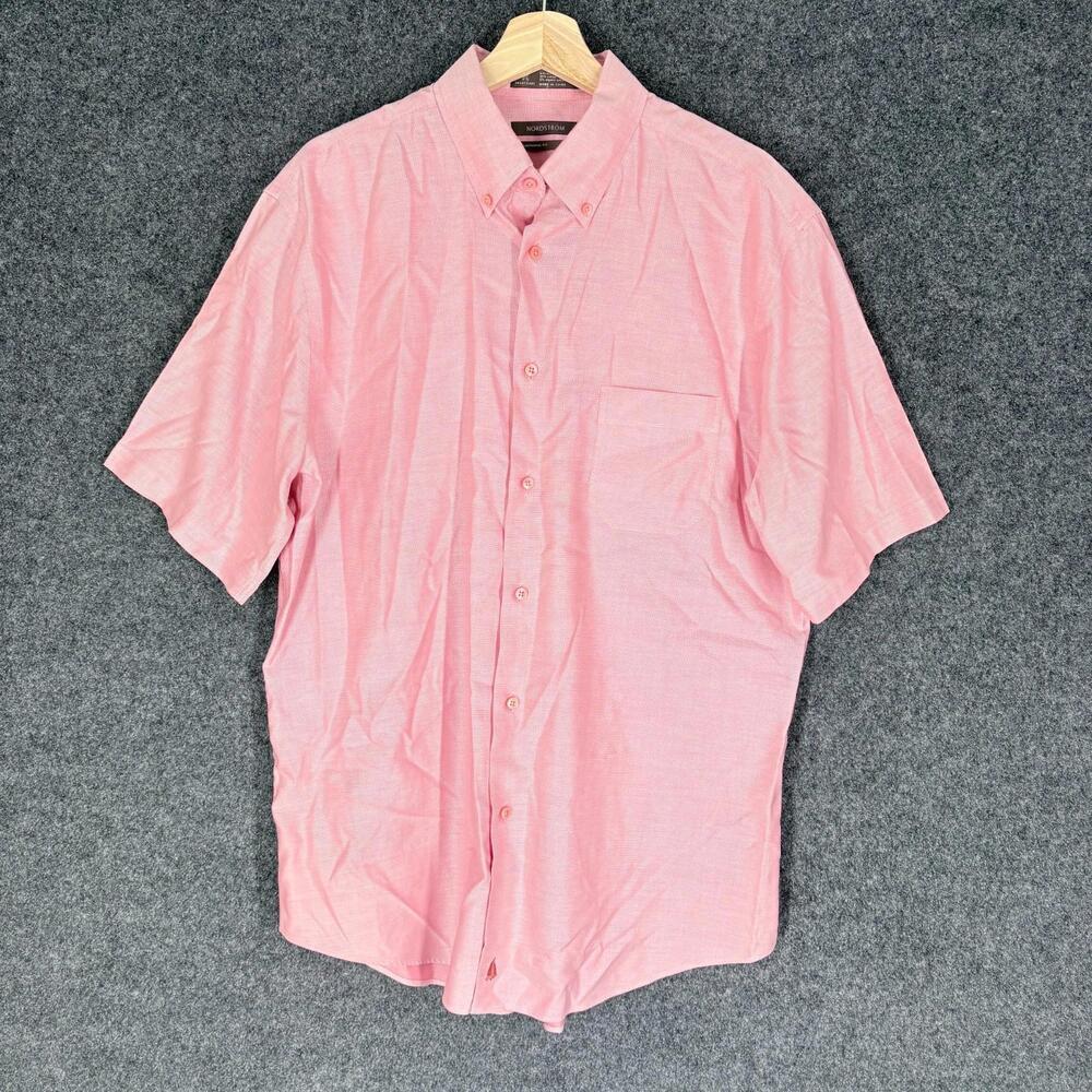 Nordstrom Shirt Men L Large Pink Button Up Collared Short Sleeve Wrinkle Free